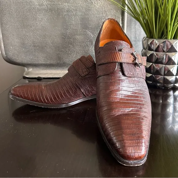 ⭐️⭐️⭐️Mezlan &quot;Athens&quot; Cognac Genuine Lizard Cap Toe Dress Monk Strap Shoes⭐️⭐️⭐️