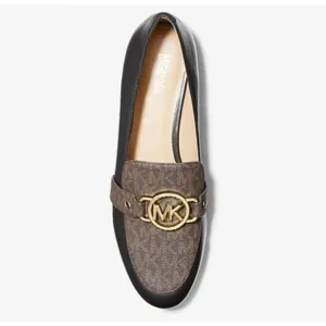 Michael Kors Womens Rory Loafer 6.5M Brown &amp; Black Leather/Canvas Slip-On Shoes