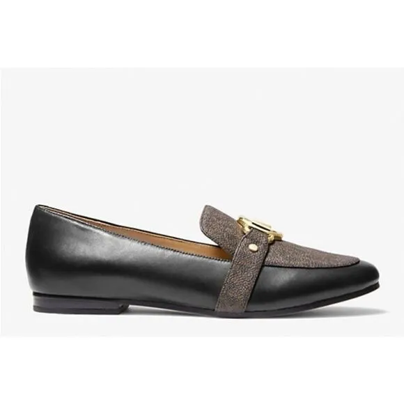 Michael Kors Womens Rory Loafer 6.5M Brown &amp; Black Leather/Canvas Slip-On Shoes