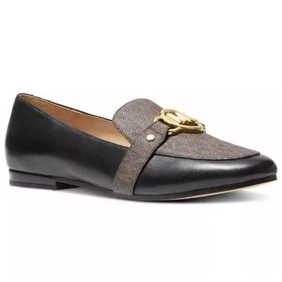 Michael Kors Womens Rory Loafer 6.5M Brown &amp; Black Leather/Canvas Slip-On Shoes