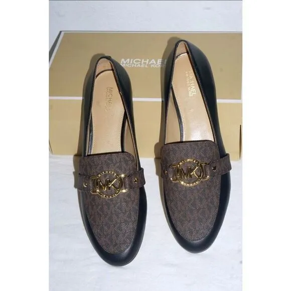 Michael Kors Womens Rory Loafer 6.5M Brown &amp; Black Leather/Canvas Slip-On Shoes