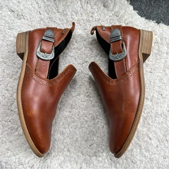 Musse &amp; Cloud: Cognac Leather Slip On Gypsy Western Metal Buckle  Ankle Booties