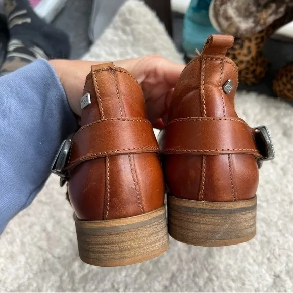 Musse &amp; Cloud: Cognac Leather Slip On Gypsy Western Metal Buckle  Ankle Booties