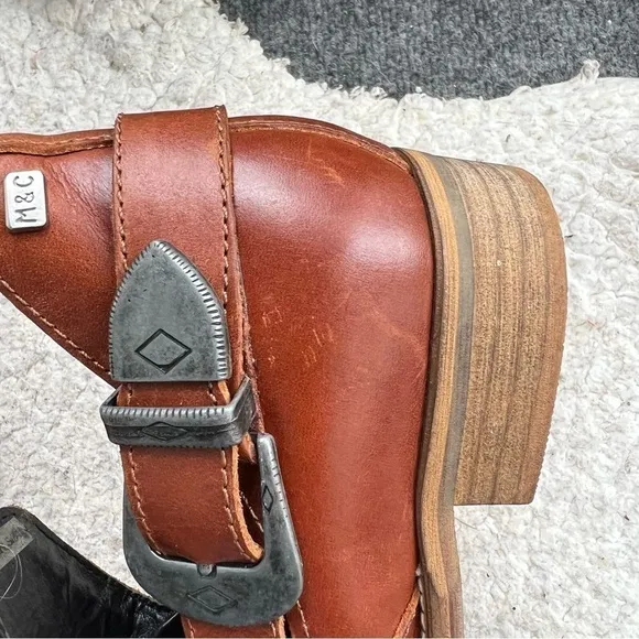 Musse &amp; Cloud: Cognac Leather Slip On Gypsy Western Metal Buckle  Ankle Booties