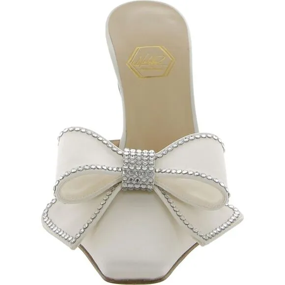 Nalebe Womens Dimante White Satin Square Toe Slip On Mules Shoes Imperfections
