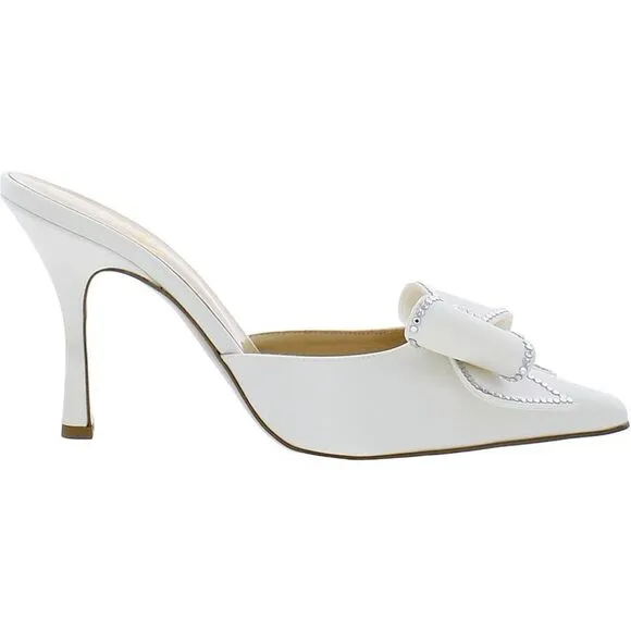 Nalebe Womens Dimante White Satin Square Toe Slip On Mules Shoes Imperfections