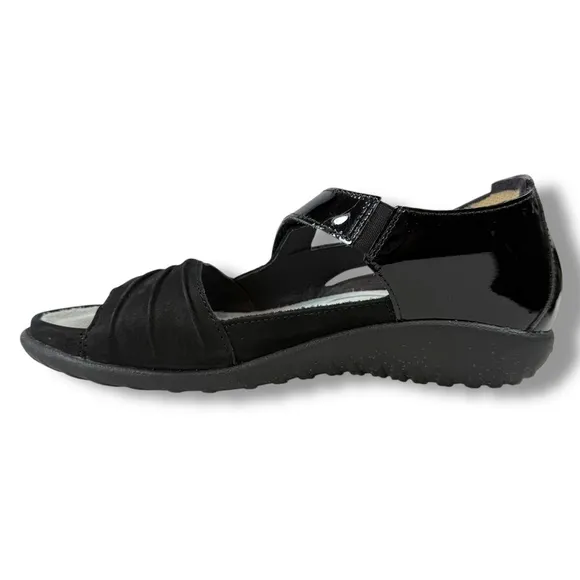 Naot Papaki Black Patent Leather Nubuck Sandals Comfort Shoes, Sz EU 36 / US 5.5
