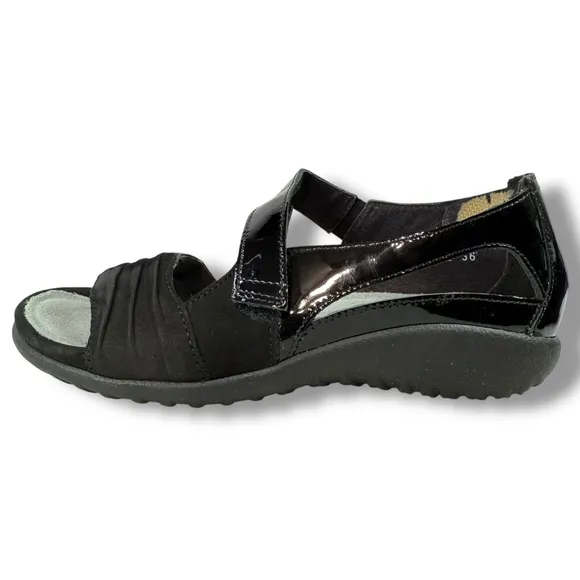 Naot Papaki Black Patent Leather Nubuck Sandals Comfort Shoes, Sz EU 36 / US 5.5