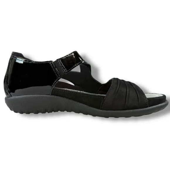 Naot Papaki Black Patent Leather Nubuck Sandals Comfort Shoes, Sz EU 36 / US 5.5