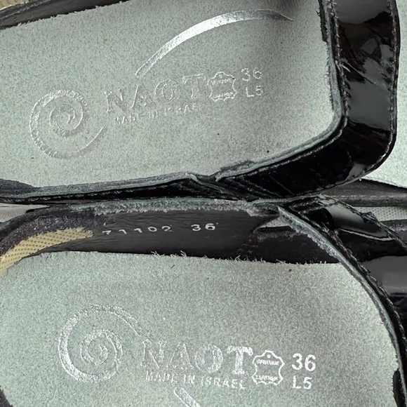 Naot Papaki Black Patent Leather Nubuck Sandals Comfort Shoes, Sz EU 36 / US 5.5