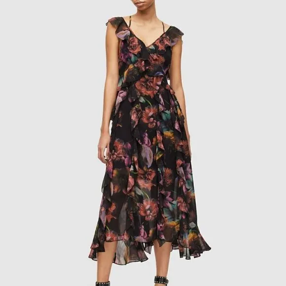 NEW AllSaints Women's Fali Ahiahi Floral Ruffle Midi Dress Size 10