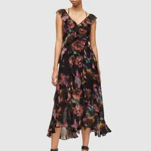 NEW AllSaints Women's Fali Ahiahi Floral Ruffle Midi Dress Size 10