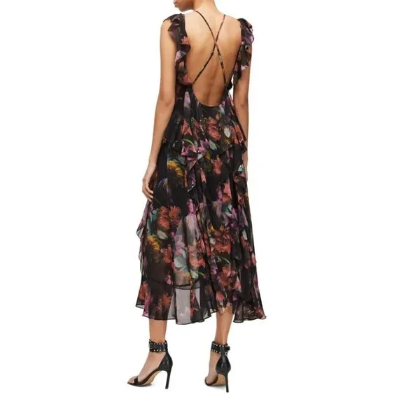 NEW AllSaints Women's Fali Ahiahi Floral Ruffle Midi Dress Size 10