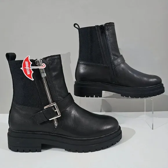 NEW Blondo Garnet Moto Ankle Boot Waterproof Biker Lug Sole Black Leather 9.5