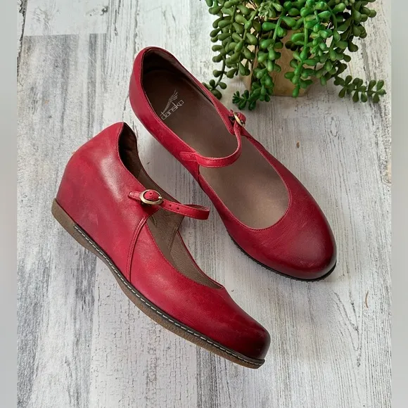 NEW Dansko Red Loralie Burnished Nubuck Mary Jane Wedge Shoes Heels size 41 / 10