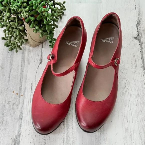 NEW Dansko Red Loralie Burnished Nubuck Mary Jane Wedge Shoes Heels size 41 / 10