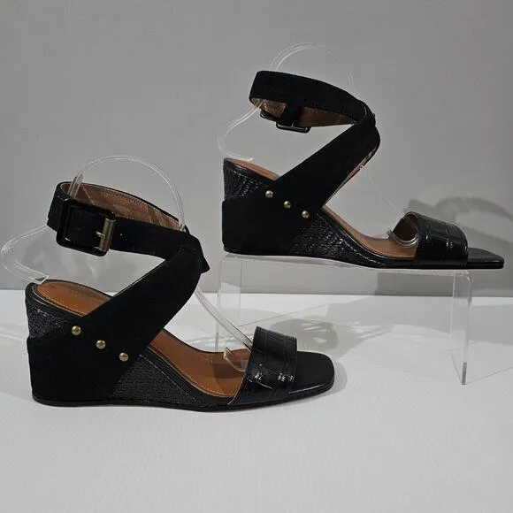 NEW Donald Pliner Bellville Wedge Sandal Black Croc Embossed Leather Size 10