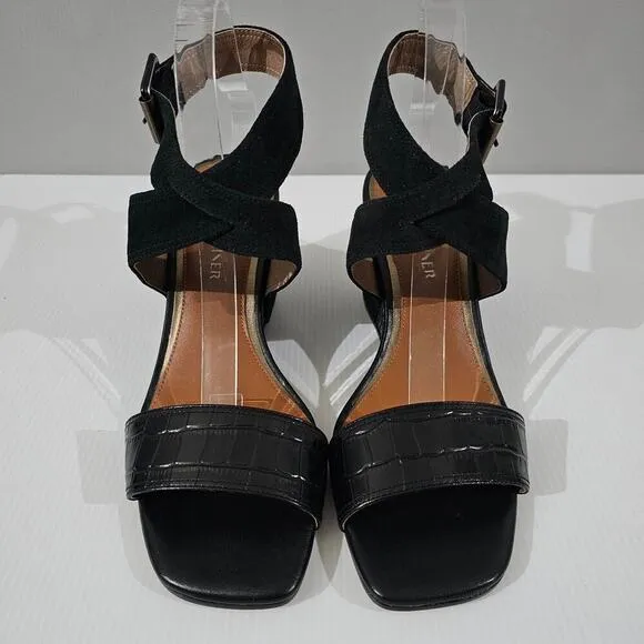 NEW Donald Pliner Bellville Wedge Sandal Black Croc Embossed Leather Size 10