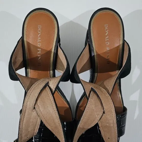 NEW Donald Pliner Bellville Wedge Sandal Black Croc Embossed Leather Size 10