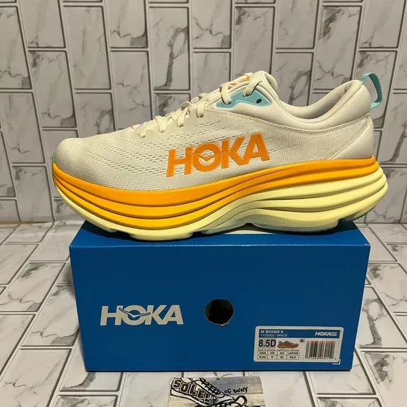 New Hoka One One Bondi 8 Running Shoes White Yellow Orange Walking Mens Sneakers