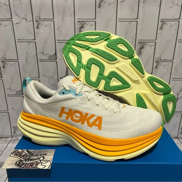 New Hoka One One Bondi 8 Running Shoes White Yellow Orange Walking Mens Sneakers