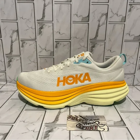 New Hoka One One Bondi 8 Running Shoes White Yellow Orange Walking Mens Sneakers