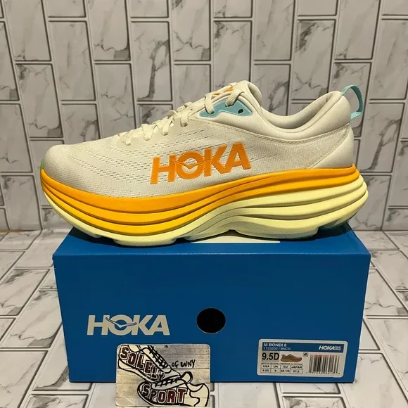 New Hoka One One Bondi 8 Running Shoes White Yellow Orange Walking Mens Sneakers