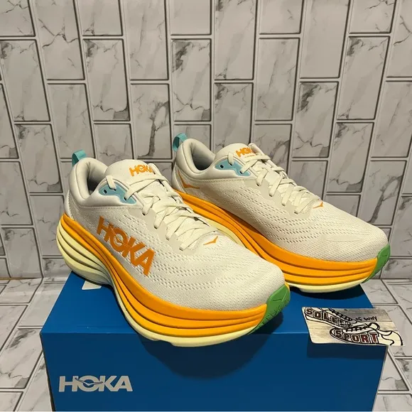 New Hoka One One Bondi 8 Running Shoes White Yellow Orange Walking Mens Sneakers