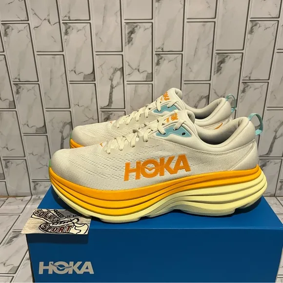 New Hoka One One Bondi 8 Running Shoes White Yellow Orange Walking Mens Sneakers