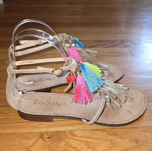 New Lilly Pulitzer ZOE SANDAL Gold Metallic Tassel Charm Thong Shoes 6M