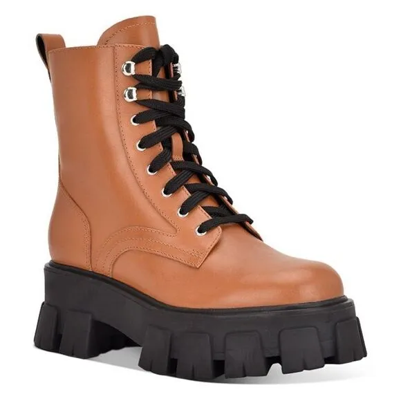 New Marc Fisher LTD Ankle Happy Lace Up Combat Brown Cognac leather Boots size 6