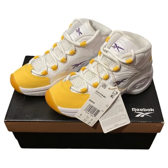 NEW Reebok Question Mid Iverson Kids Yellow White Basketball Shoes - Size 1