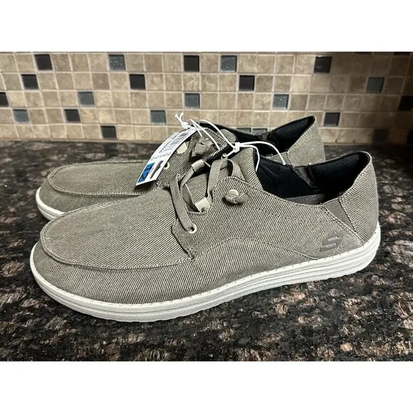 NEW Skechers Mens Size 12 Melson Canvas Slip On Casual Shoes Brown Memory Foam