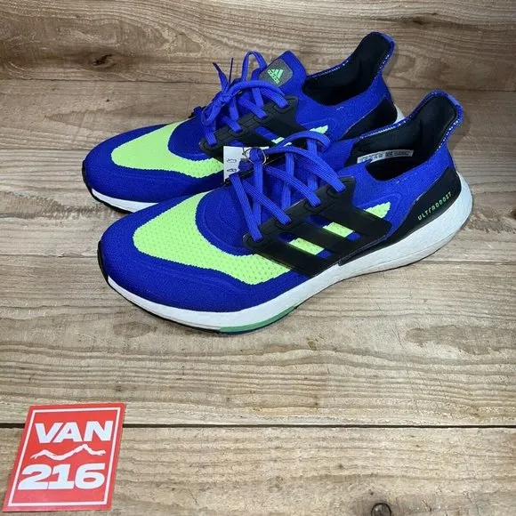 NEW: SZ 11.5 Adidas UltraBoost 21 Sonic Ink Screaming Green Running Shoes S23873