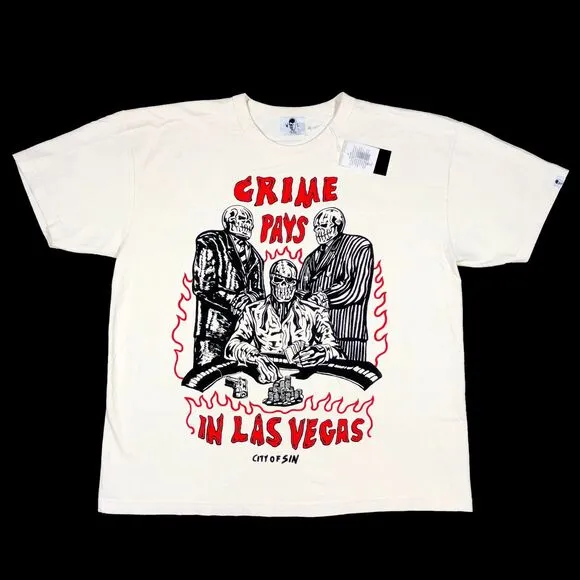 New Warren Lotas Crime Pays in Las Vegas Cream Tee T Shirt Size XXL Rare B26