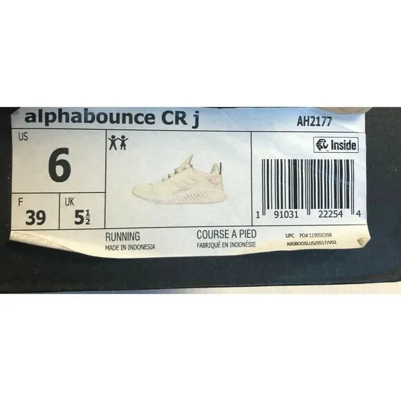 NIB Adidas Juniors Alphabounce Croff Ivory Running Sneakers Size 6
