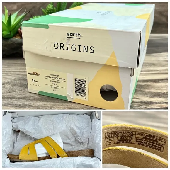 NIB Earth Origins 9W Luna Slip On Suede Slide Sandal Marigold Yellow 40.5