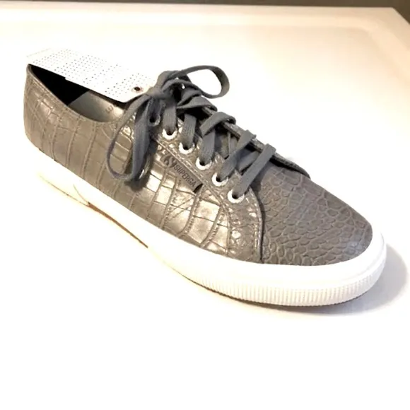 NIB SUPERGA People's Shoes of Italy Grey Croco Embossed Lace-up Sneakers SZ 10
