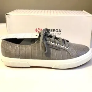 NIB SUPERGA People's Shoes of Italy Grey Croco Embossed Lace-up Sneakers SZ 10