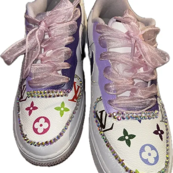 Nike AF 1 White upcycled rhinestone lilac and purple 7 Y 8.5 Women LV accent
