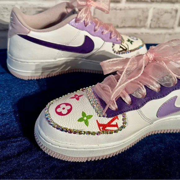 Nike AF 1 White upcycled rhinestone lilac and purple 7 Y 8.5 Women LV accent