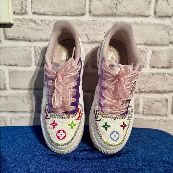 Nike AF 1 White upcycled rhinestone lilac and purple 7 Y 8.5 Women LV accent