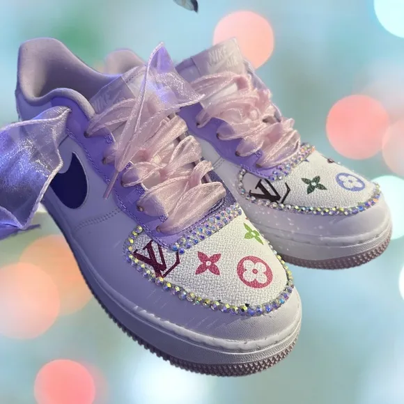 Nike AF 1 White upcycled rhinestone lilac and purple 7 Y 8.5 Women LV accent
