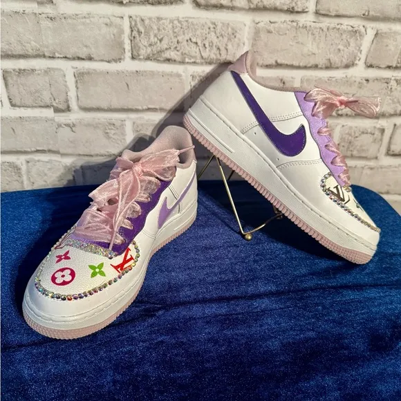 Nike AF 1 White upcycled rhinestone lilac and purple 7 Y 8.5 Women LV accent