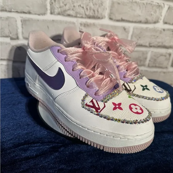 Nike AF 1 White upcycled rhinestone lilac and purple 7 Y 8.5 Women LV accent