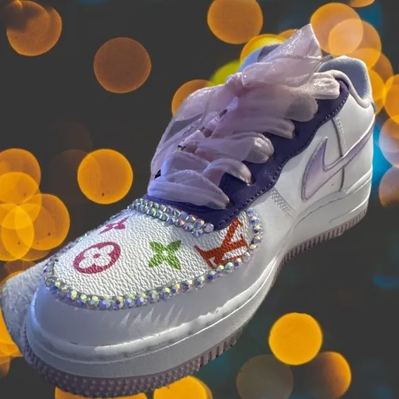 Nike AF 1 White upcycled rhinestone lilac and purple 7 Y 8.5 Women LV accent