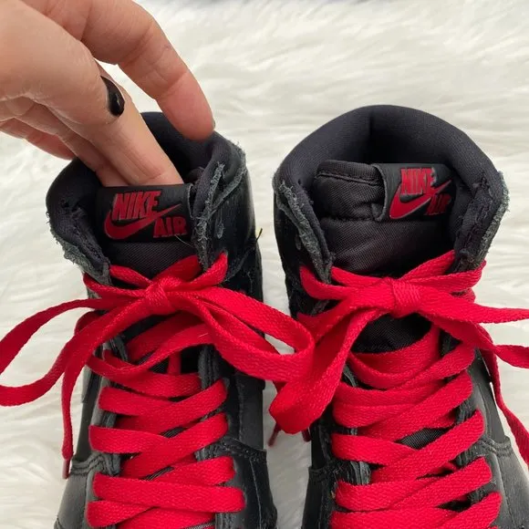 Nike Air Kids Jordan 1 Retro High Shoes Satin Black Gym Red