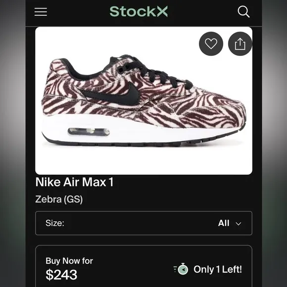 Nike AIR MAX 1 QS GS 'ZEBRA' | PRELOVED!! Womens Shoes/Sneakers 🦓🦓
