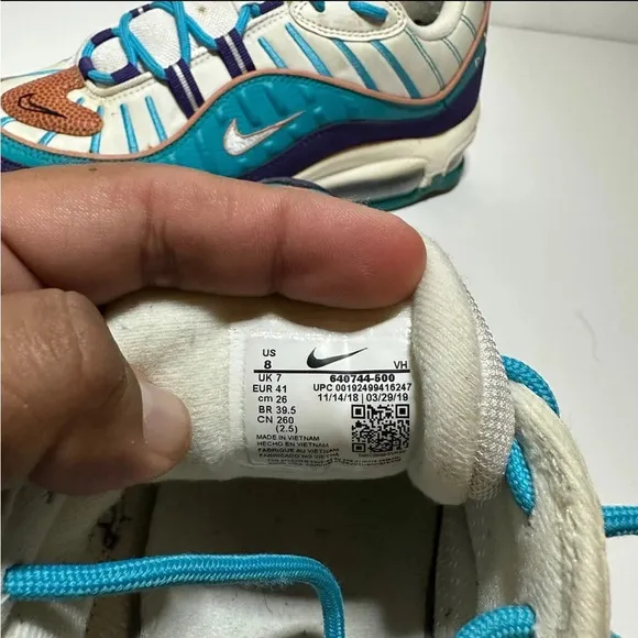 Nike Air Max 98 Hornets Spirit Teal 2019 Shoes Mens Size 8 (640744-500)