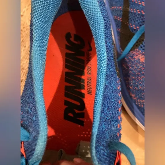 Nike Flyknit Lunar 3 Mens Blue/OrangeSneaker Running Shoes 11 Lace Up Low Top